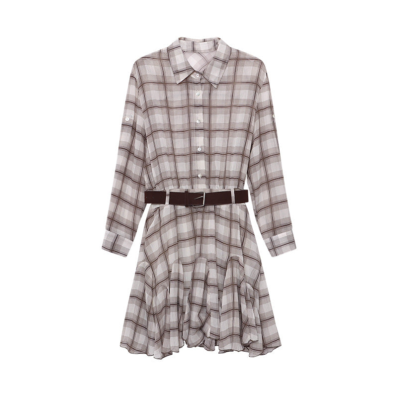 Damen Hemdblusenkleid mit taillierbarem Gürtel und Karomuster Drune