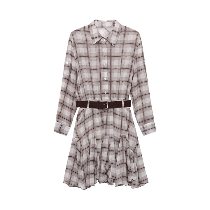 Damen Hemdblusenkleid mit taillierbarem Gürtel und Karomuster Drune