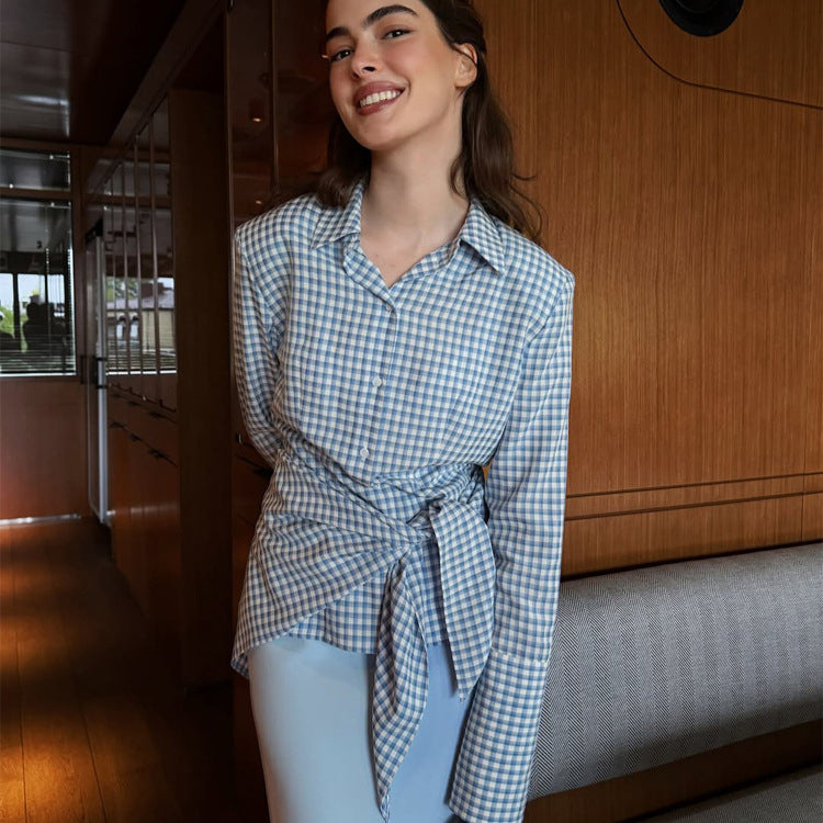 Damen Gingham-Wickelbluse mit seitlicher Taillenbinde und Hemdkragen Drune