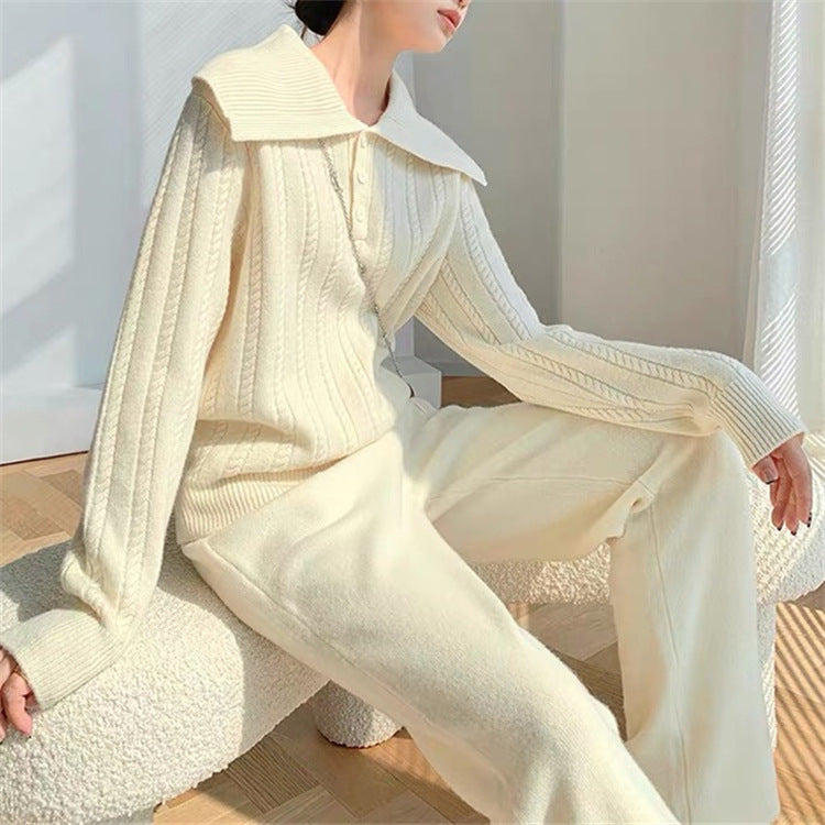 Damen Strickpullover mit weitem Kragen und Knopfleiste Drune