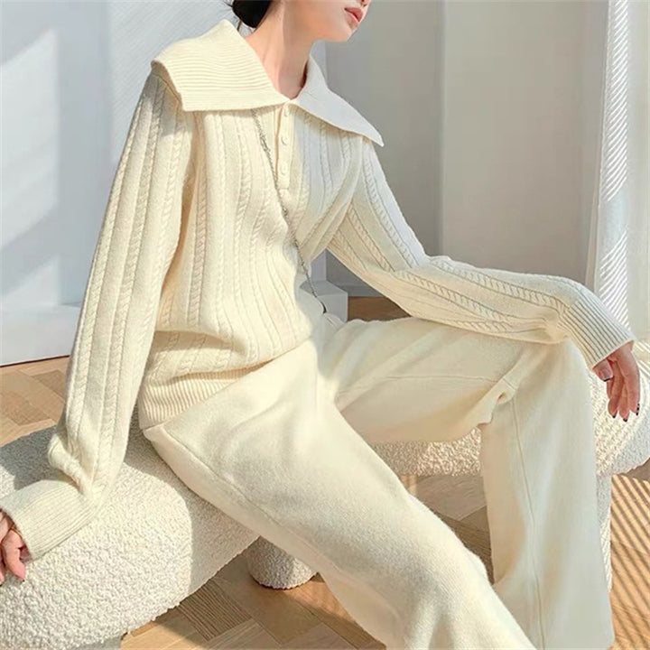 Damen Strickpullover mit weitem Kragen und Knopfleiste Drune