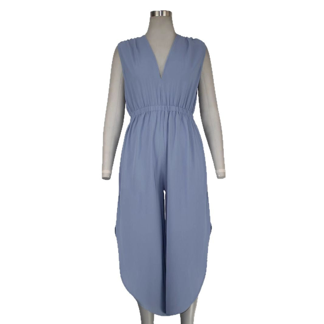 Damen Modischer Jumpsuit mit elegantem V-Ausschnitt und weitem Bein Drune