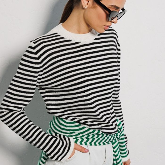 Damen gestreifter Strickpullover mit Rundhalsausschnitt und langem Arm Drune