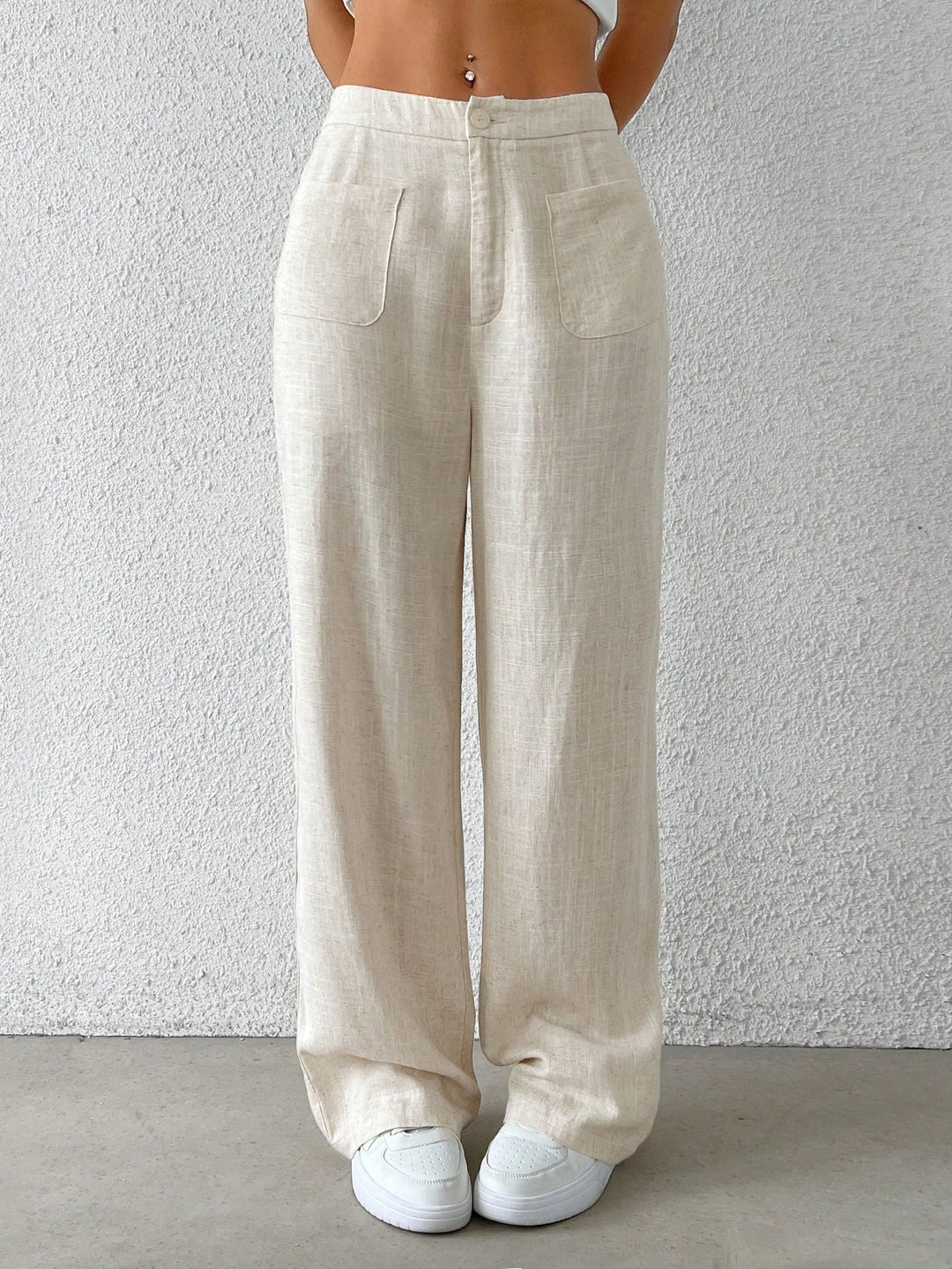 Damen Weit geschnittene Leinenhose mit elastischem Bund und praktischen Taschen Drune