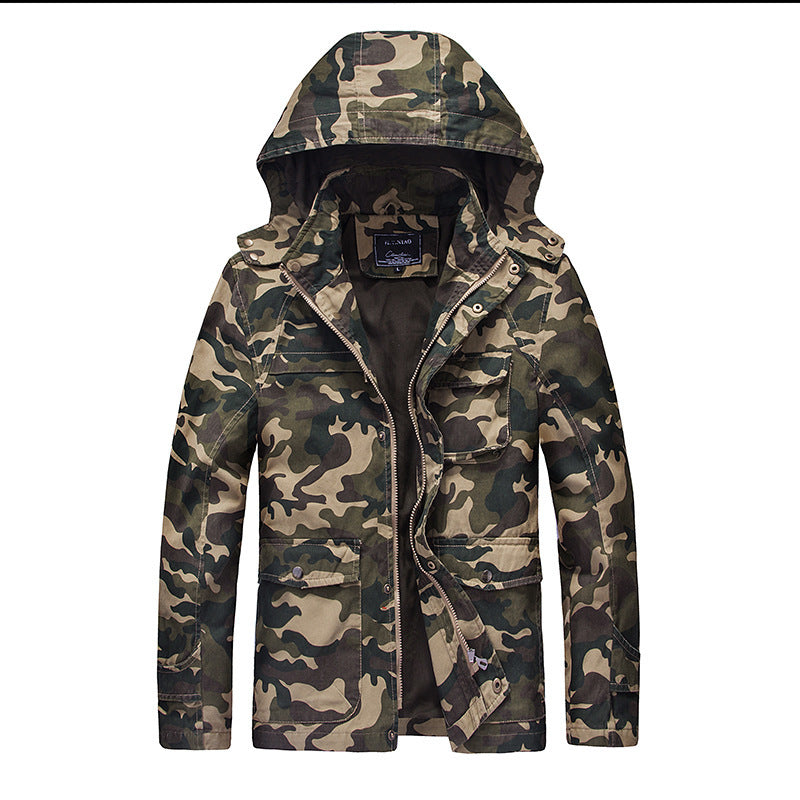 Herren leichte Camouflage Feldjacke mit Kapuze, Kordelzug und Multifunktions‑Taschen Drune