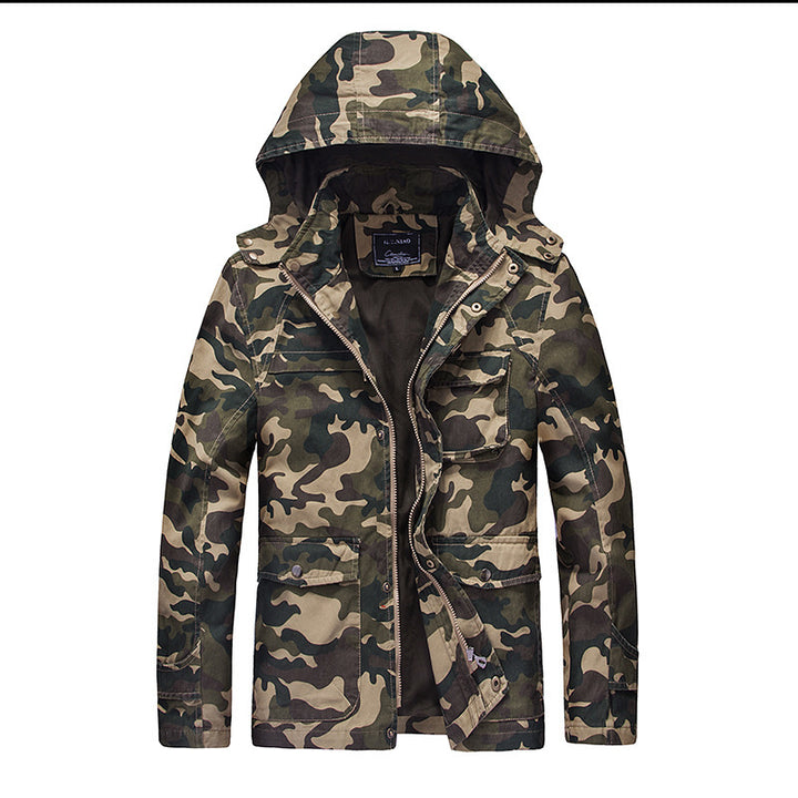 Herren leichte Camouflage Feldjacke mit Kapuze, Kordelzug und Multifunktions‑Taschen Drune