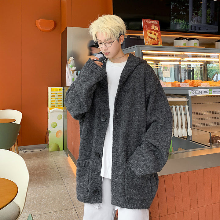 Unisex Oversized Mohair-Optik Strickcardigan mit Kapuze und großen Knöpfen Drune