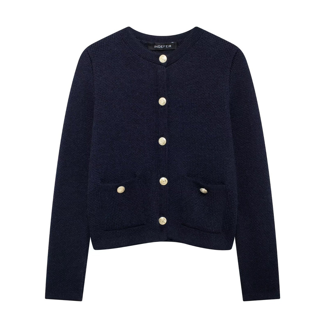 Damen Strickjacke mit schimmernden Knöpfen und Taschen Drune
