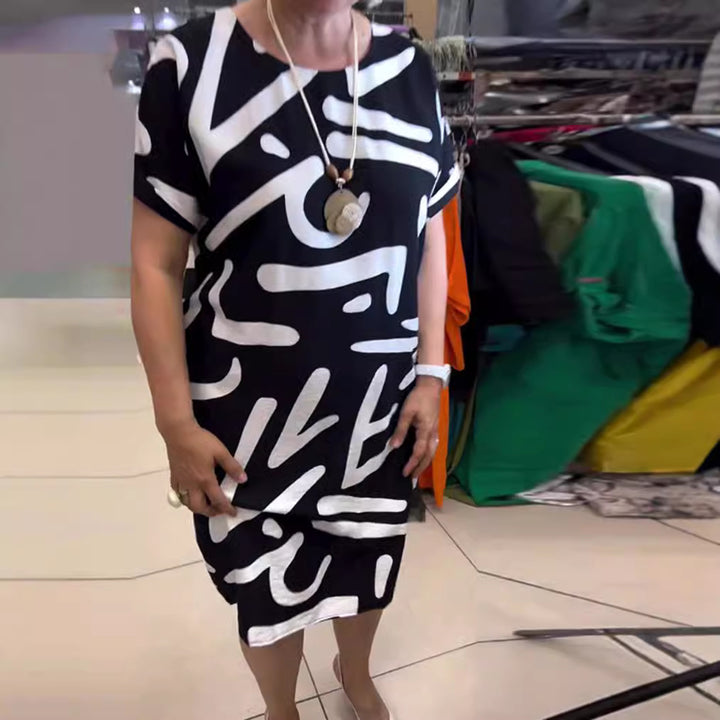 Damen nan knielanges Komfort-Shiftkleid mit großflächigem Pinselstrich-Print und umgeschlagenen Kurzärmeln Drune