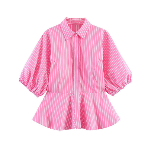 Damen Gestreifte Peplum-Bluse mit Ballonärmeln und Hemdkragen Drune