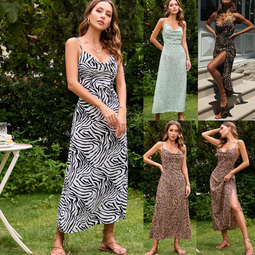 Damen Maxikleid mit Zebra-Print und hohem Schlitz Drune