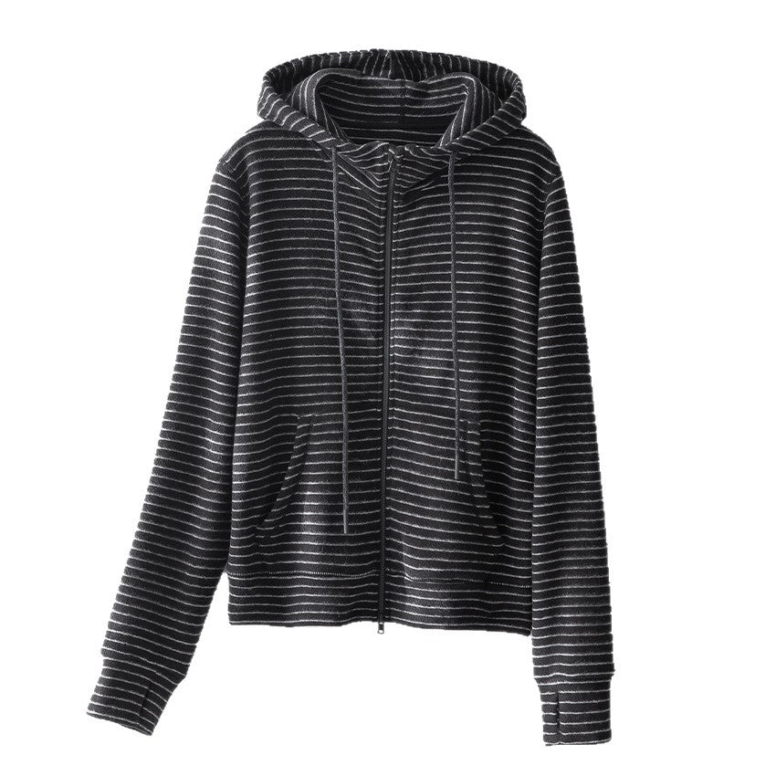 Damen Gestreifte Samt-Fleece Kapuzenjacke mit Reißverschluss und Kängurutaschen Drune