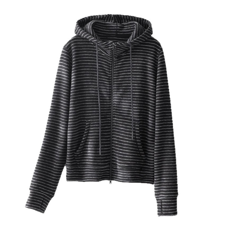 Damen Gestreifte Samt-Fleece Kapuzenjacke mit Reißverschluss und Kängurutaschen Drune