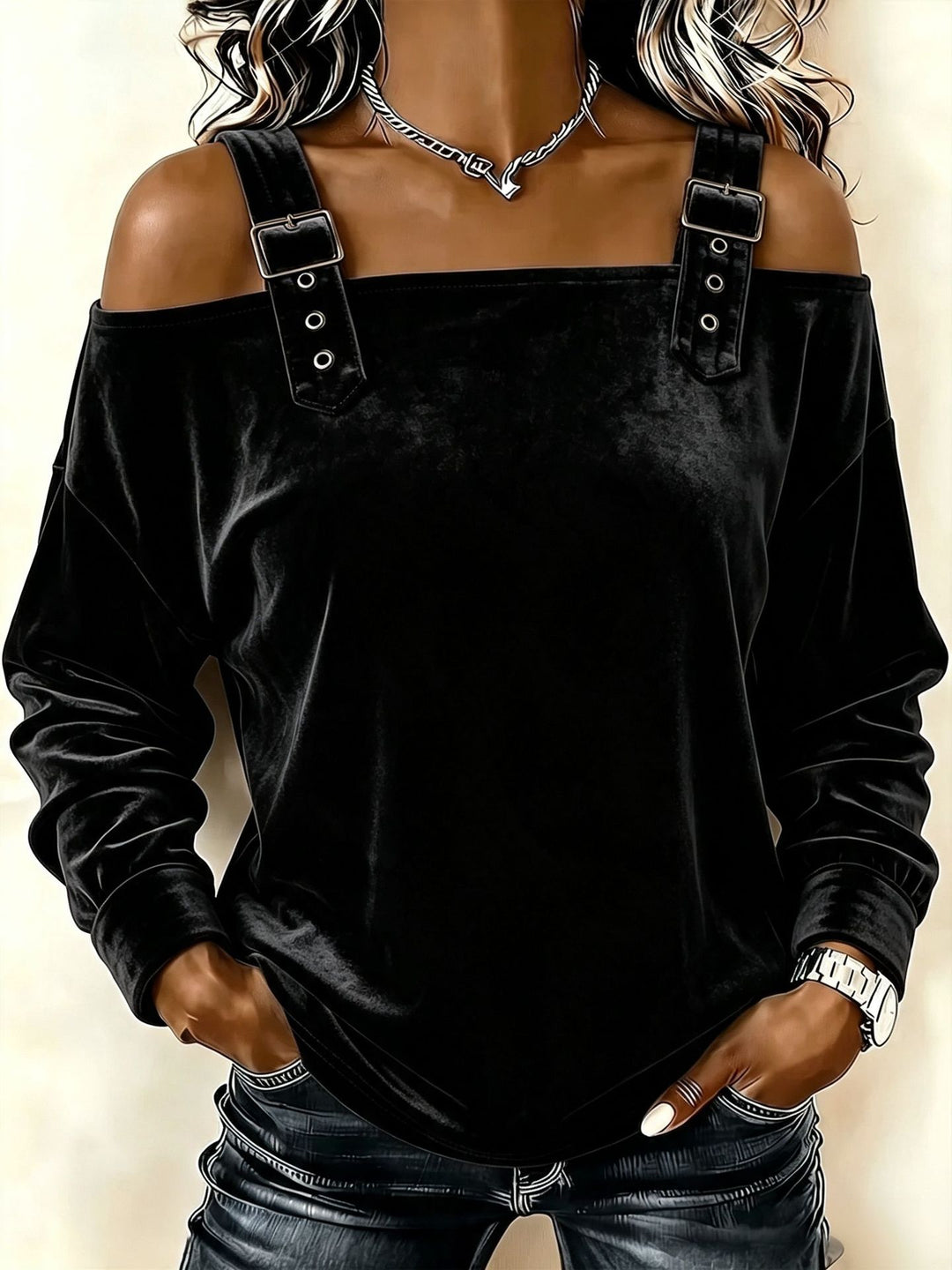 Damen Schulterfreies Samtshirt mit verstellbaren Gurt‑Trägern und lässiger Oversize‑Passform Drune