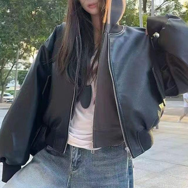 Damen stylische Lederjacke im urbanen Oversized-Schnitt Drune