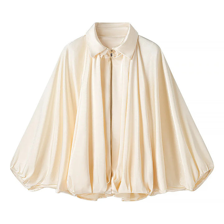 Damen nan weite Satin-Cape-Bluse mit Hemdkragen, zentralem Reißverschluss und ballonärmeln Drune