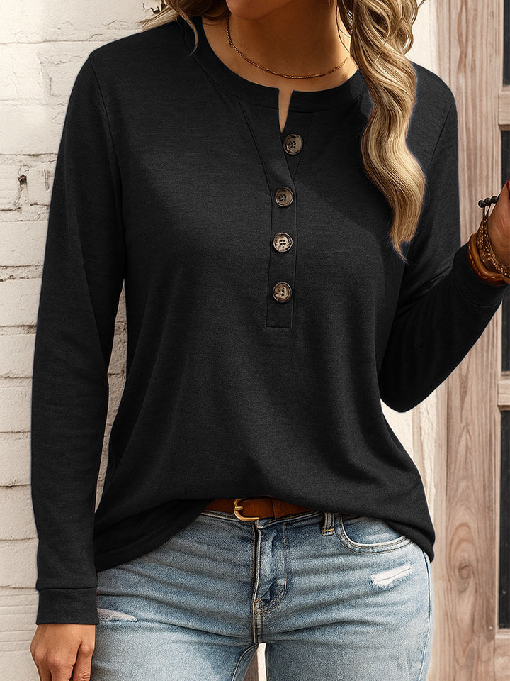 Damen Langarm-Henleyshirt mit Knopfleiste und Notch-Ausschnitt Drune