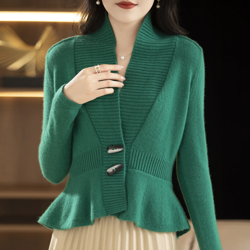 Damen elegante Strickjacke mit Wickeloptik und Knopfdetail Drune