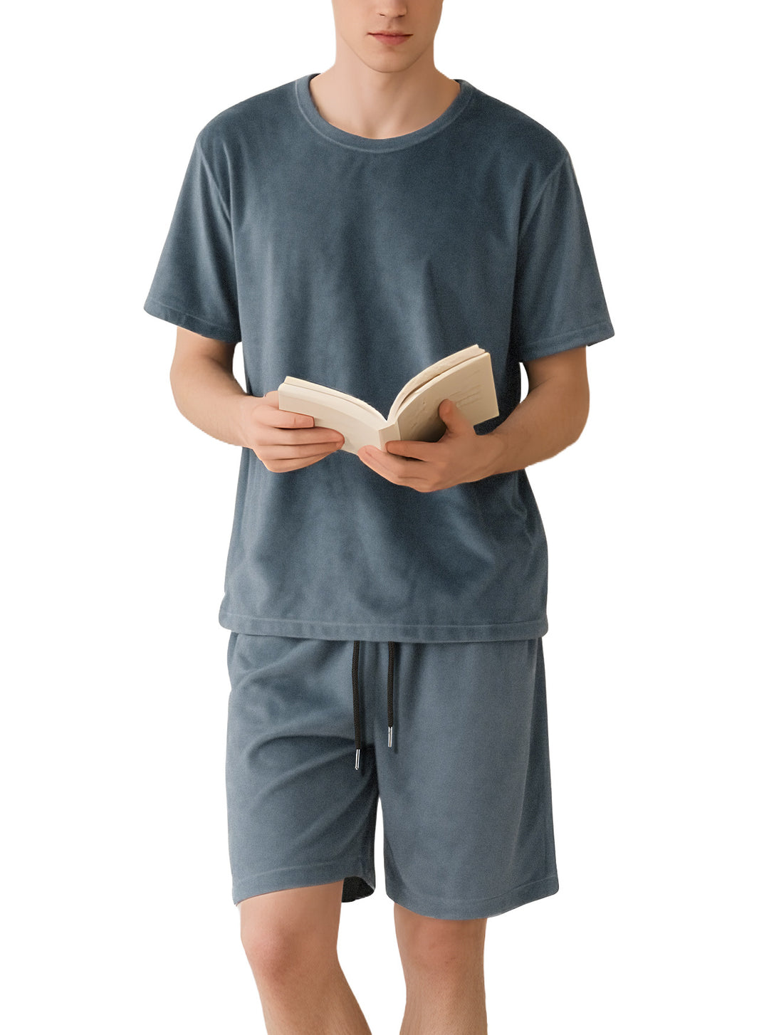 Herren nan Samtvelours Lounge-Set mit Rundhals-Kurzarmshirt und Kordelshorts Drune