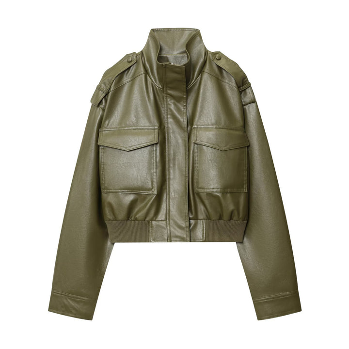 Damen modische cropped Bikerjacke mit Schulterklappen und großen Taschen Drune