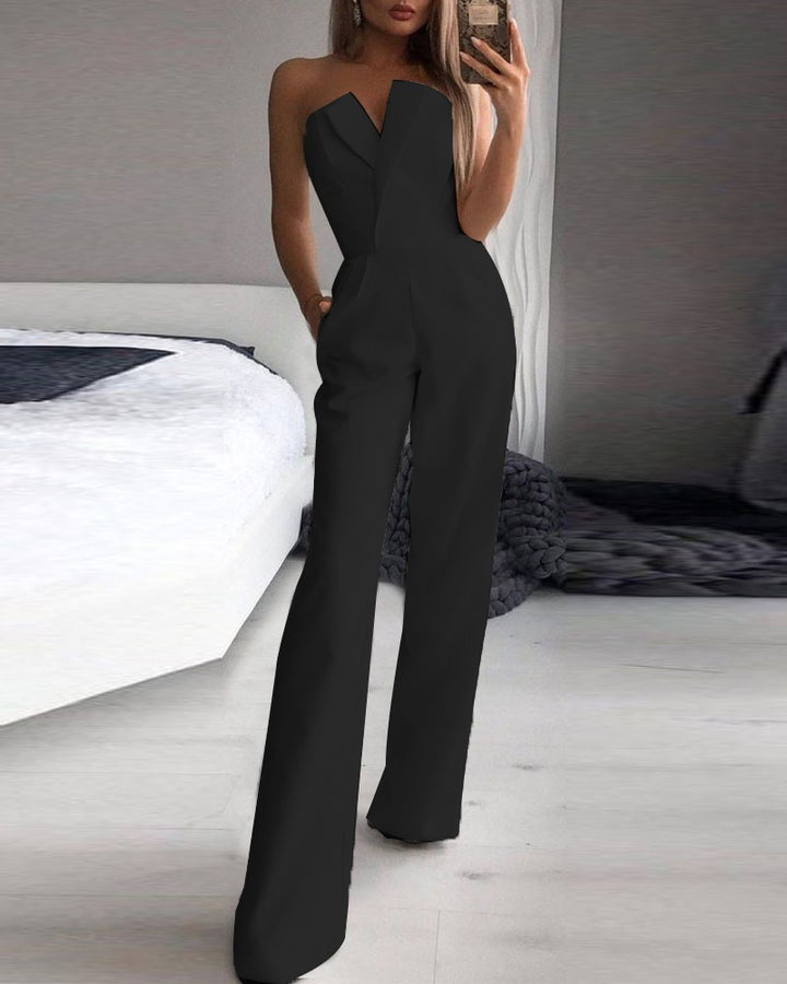 Damen Eleganter Jumpsuit mit tiefem V-Ausschnitt und weitem Bein Drune