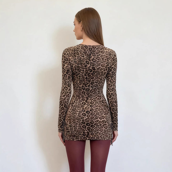 Damen Figurbetontes Leoprint-Minikleid mit tiefem V-Ausschnitt, langen Ärmeln und Kordelzügen Drune