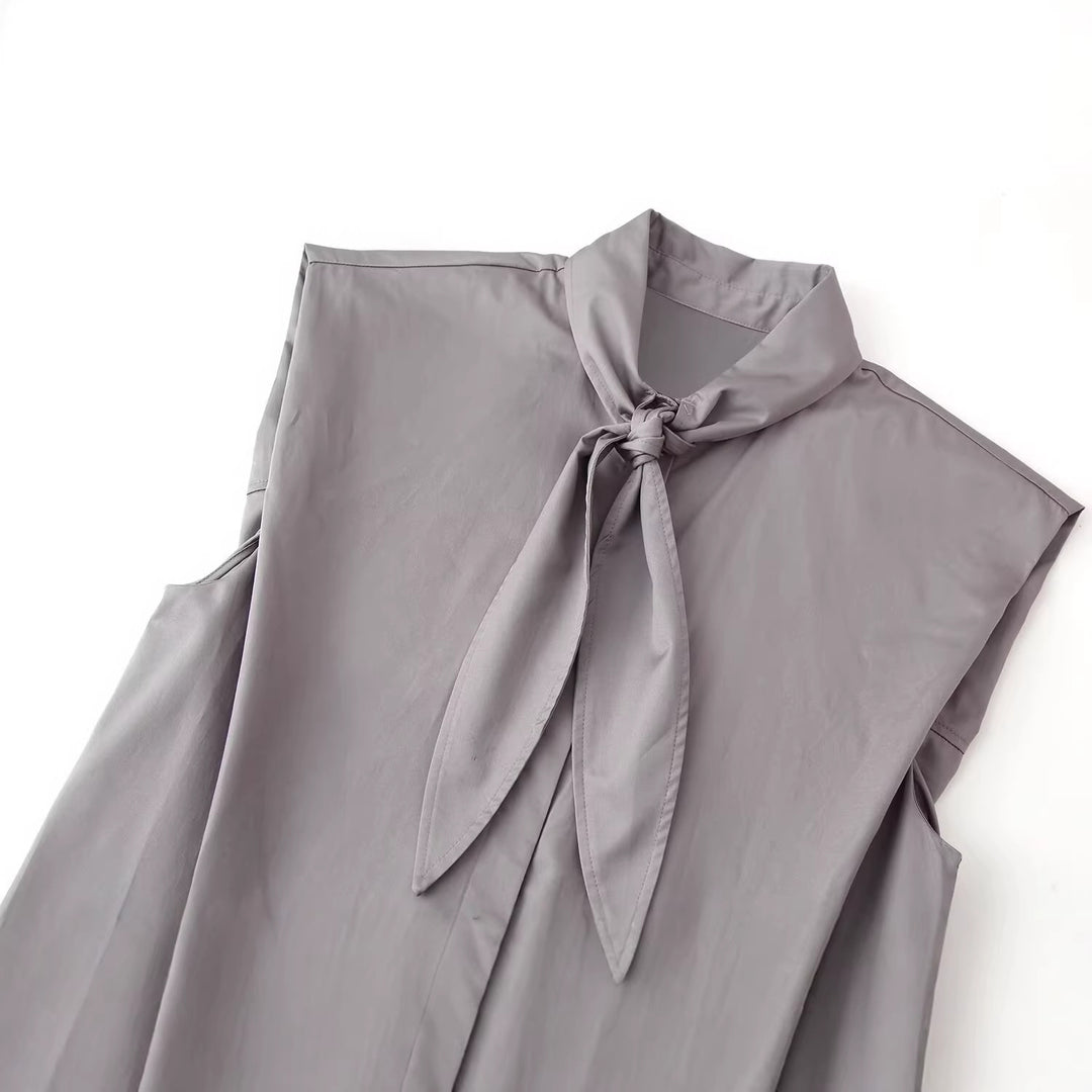 Damen Ärmellose Popeline-Bluse mit Schluppenkragen und Nadelstreifen Drune