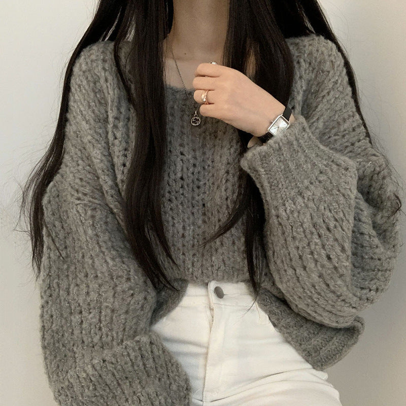 Damen lässiger Strickpullover mit voluminösen Puffärmeln und offener Strickstruktur Drune
