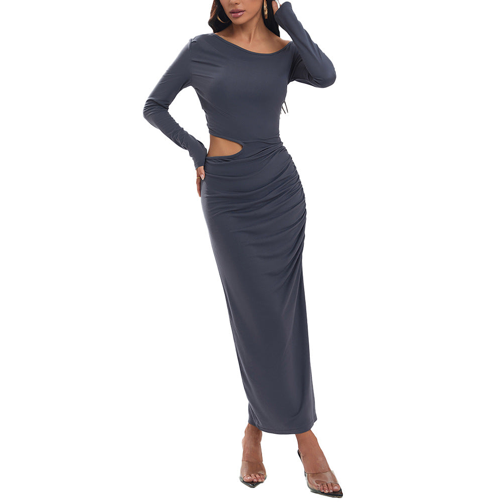 Damen eng anliegendes Maxikleid mit langem Arm seitlichem Cut-Out geraffter Hüfte und hohem Beinschlitz Drune