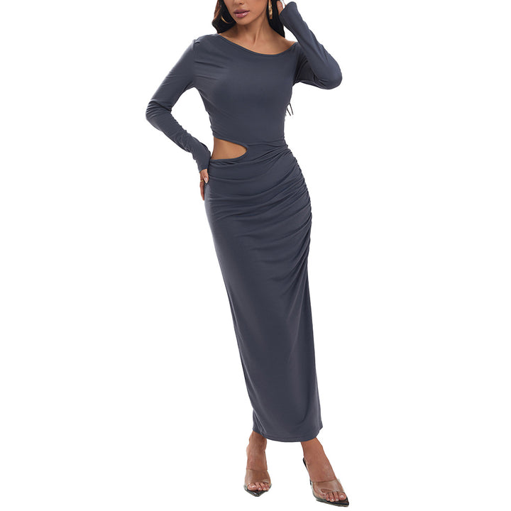 Damen eng anliegendes Maxikleid mit langem Arm seitlichem Cut-Out geraffter Hüfte und hohem Beinschlitz Drune