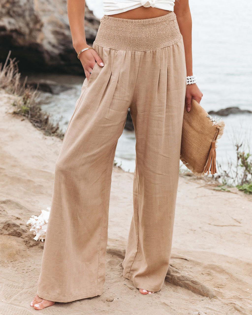 Damen weite Leinenhose mit elastischem Taillenbund und seitlichen Falten Drune