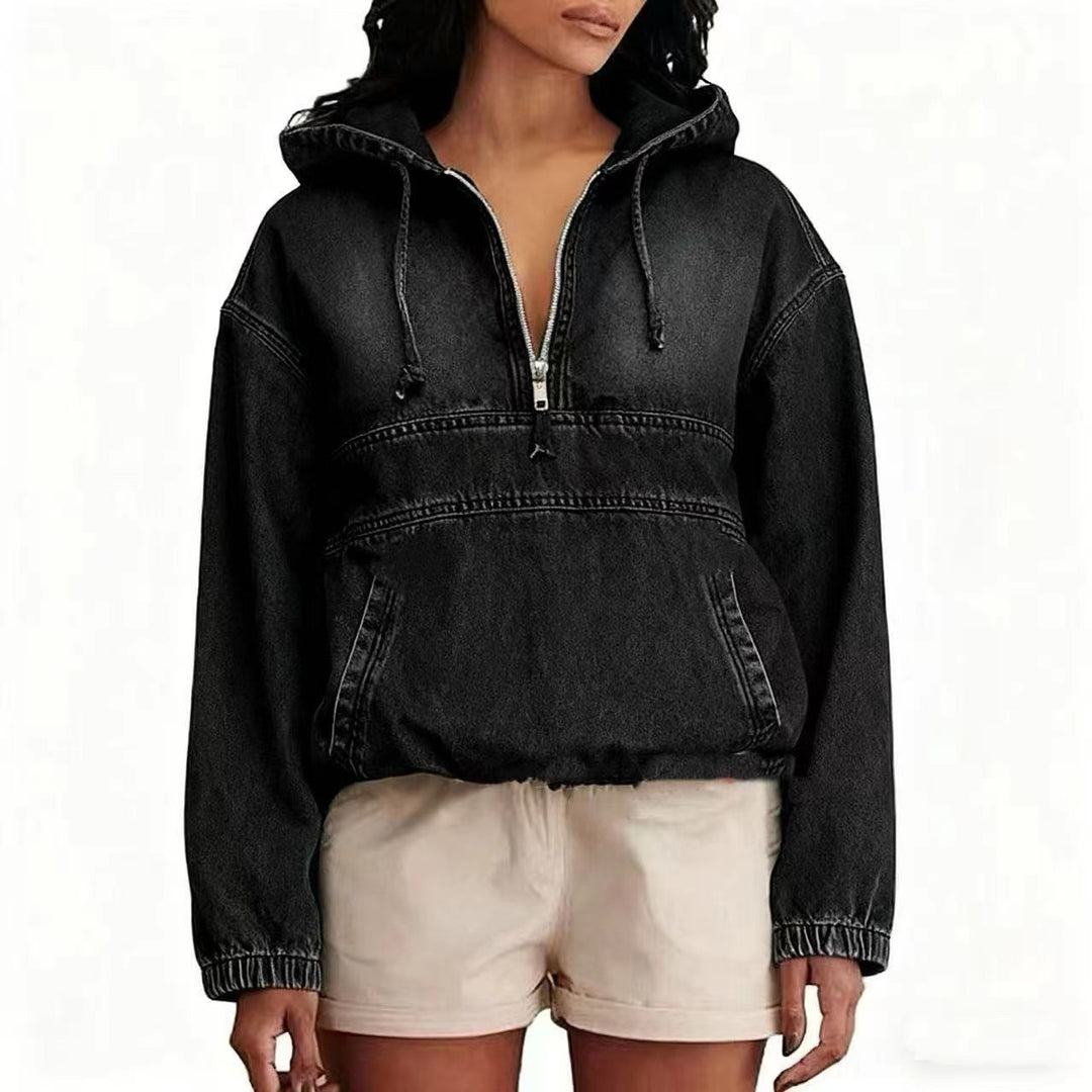 Damen Jeans-Hoodie mit halbem Reißverschluss, Kapuze und elastischem Saum Drune