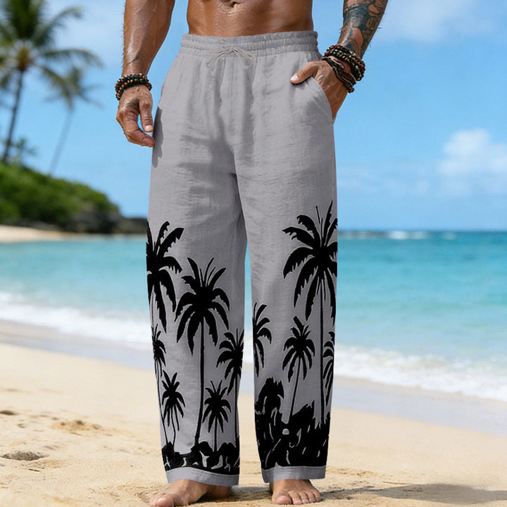 Herren Lässige weite Leinenhose mit elastischem Bund und tonalem Palmenprint Drune