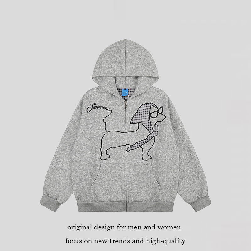 Damen Kapuzen-Zipjacke im Oversize-Cut mit gestickter Dackel-Illustration und Vichy-Detail Drune