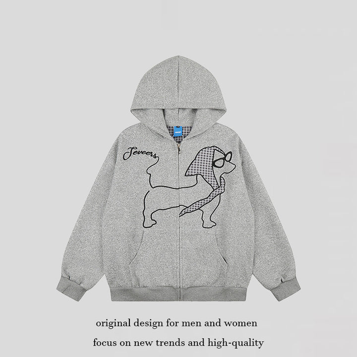 Damen Kapuzen-Zipjacke im Oversize-Cut mit gestickter Dackel-Illustration und Vichy-Detail Drune