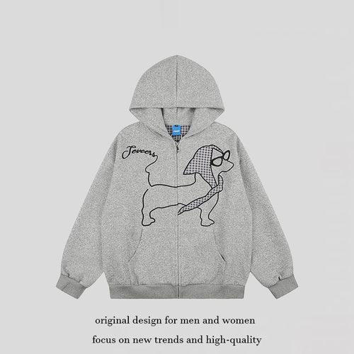 Damen Kapuzen-Zipjacke im Oversize-Cut mit gestickter Dackel-Illustration und Vichy-Detail Drune