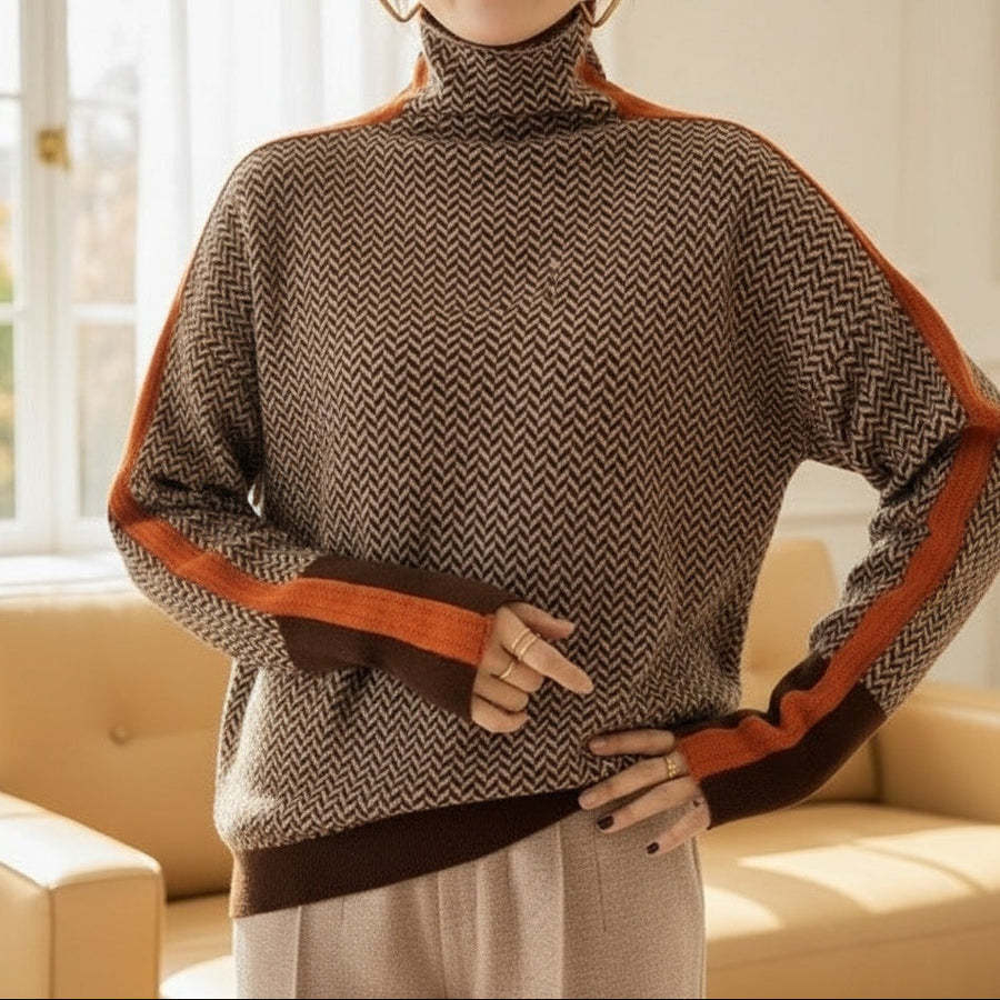Damen Feinstrickpullover mit geometrischem Jacquardmuster, Stehkragen und Kontrastband Drune