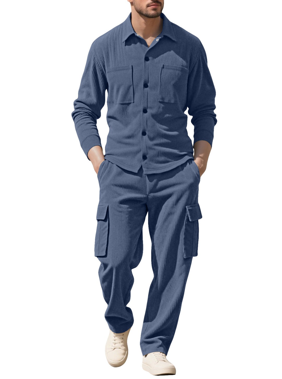 Herren nan geripptes Worker-Hemd mit Brusttaschen und entspannter Cargohose Drune
