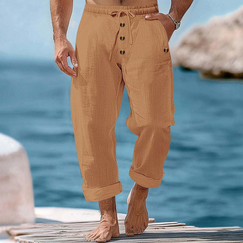 Herren nan lockere Leinen-Baumwoll-Hose mit elastischem Bund, Kordelzug und aufgekrempeltem Saum Drune