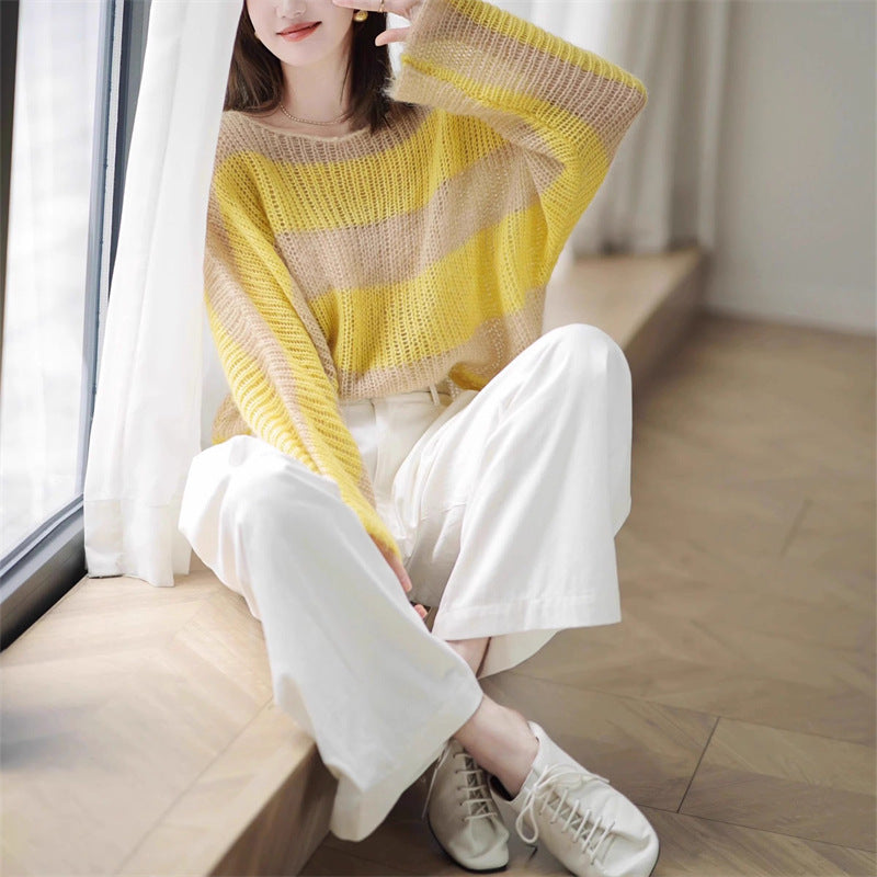 Damen lässiger grobstrick Pullover mit transparentem Muster Drune