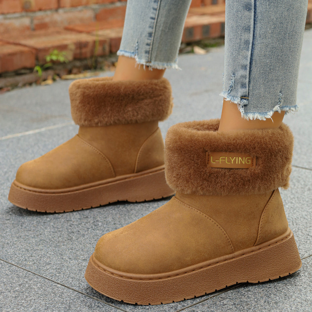 Damen Warme Kurzstiefel mit kuscheligem Fellaufschlag und leichter Plateau-Sohle Drune