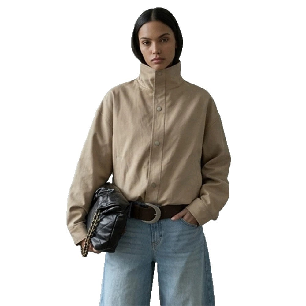 Damen Kurze kastige Canvasjacke mit hohem Stehkragen und Druckknopfleiste Drune
