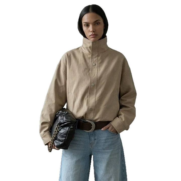 Damen Kurze kastige Canvasjacke mit hohem Stehkragen und Druckknopfleiste Drune