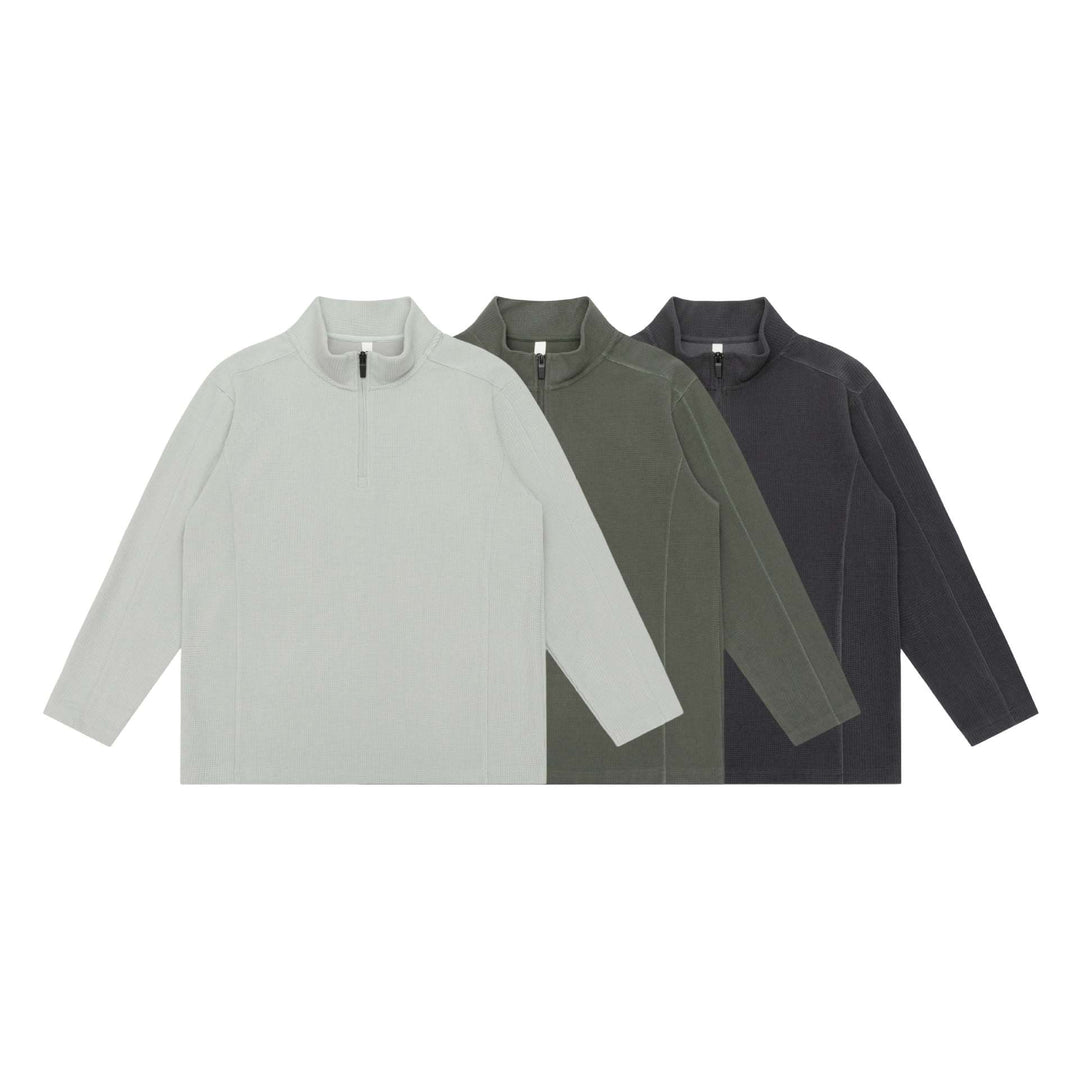 Unisex Waffelstruktur-Halbzippullover mit Troyerkragen und Relaxed‑Fit Drune