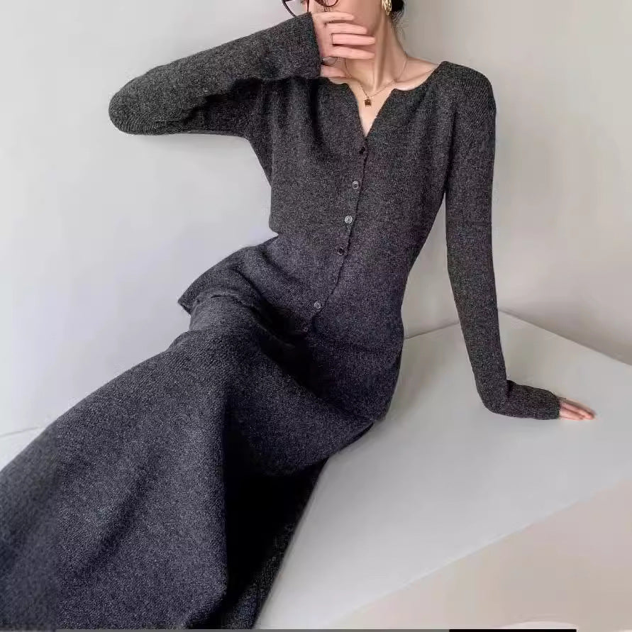 Damen elegantes Strickkleid mit femininer Silhouette und schickem V-Ausschnitt Drune