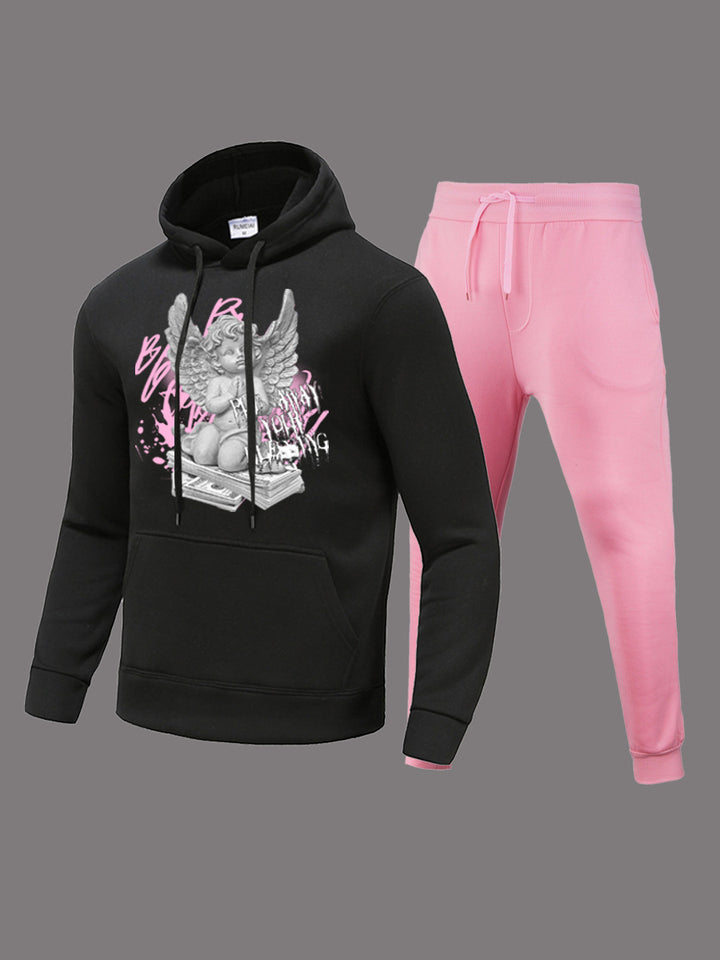 Herren Sportliches Hoodie und Jogginghose Set mit kreativem Engel-Motiv Drune