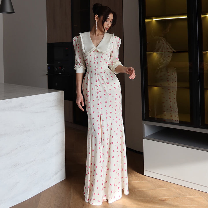 Damen Maxikleid mit eleganter Kragenkante und floralen Akzenten Drune