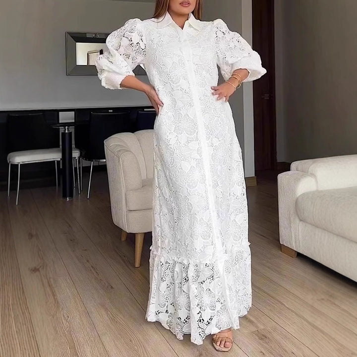 Damen nan Maxikleid aus Häkelspitze mit Hemdkragen und Puffärmeln Drune