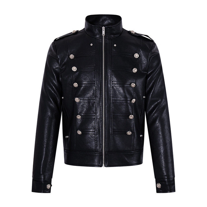 Herren Militärisch inspirierte Kunstlederjacke mit Stehkragen, Zierknopfreihe und Schulterpatten Drune