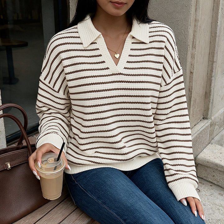 Damen Stylischer V-Ausschnitt Pullover mit Streifen Drune